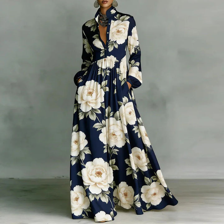 Navy Blue Printed Shirt-Collar Maxi Dress floral print worn