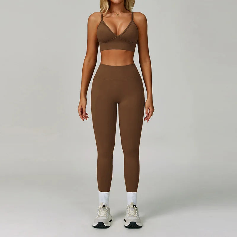 Dark Coffee Nylon-Spandex Yoga Set front view