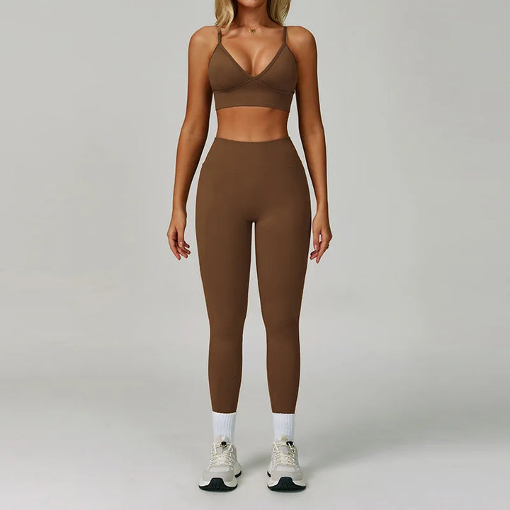 Dark Coffee Nylon-Spandex Yoga Set front view