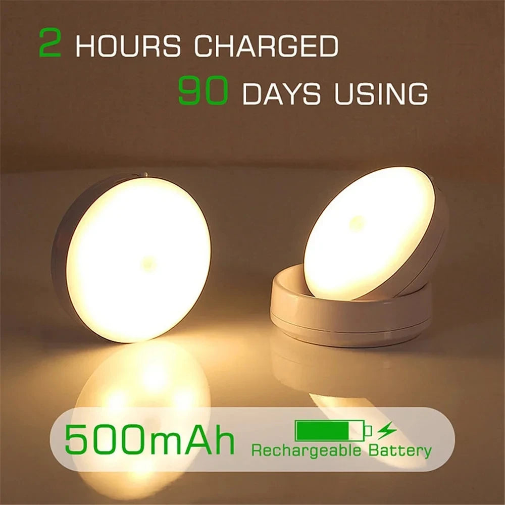 USB Motion Sensor Rechargeable LED Night Light, Round, Energy-Saving, for Bedroom, Bathroom