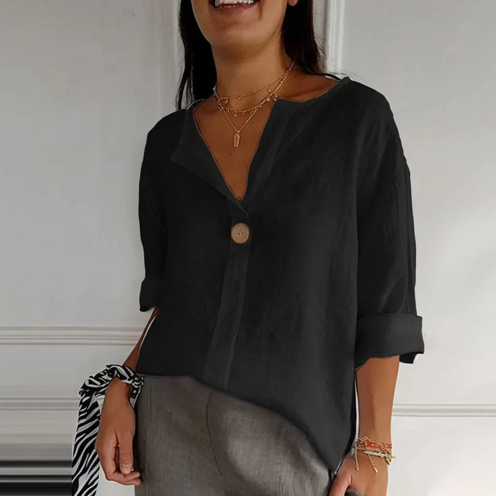 Black Cotton Linen Blouse worn lifestyle