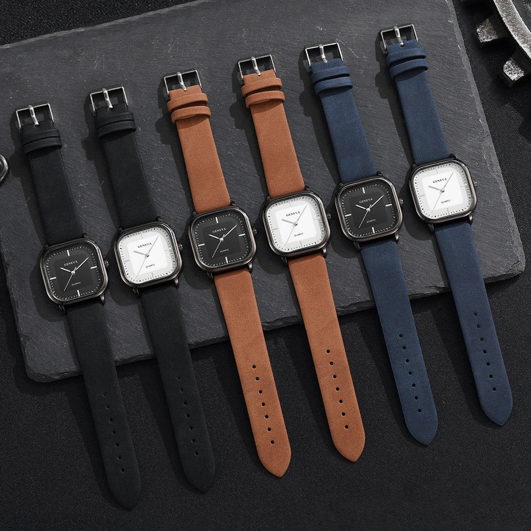 Black Square Dial Alloy Leather Watch