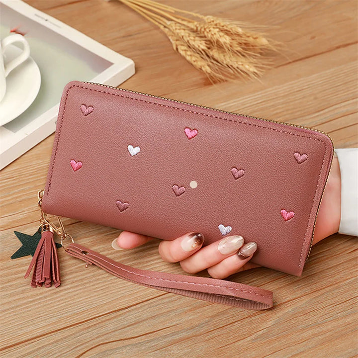 Heart-Embossed Long Wallet Clutch