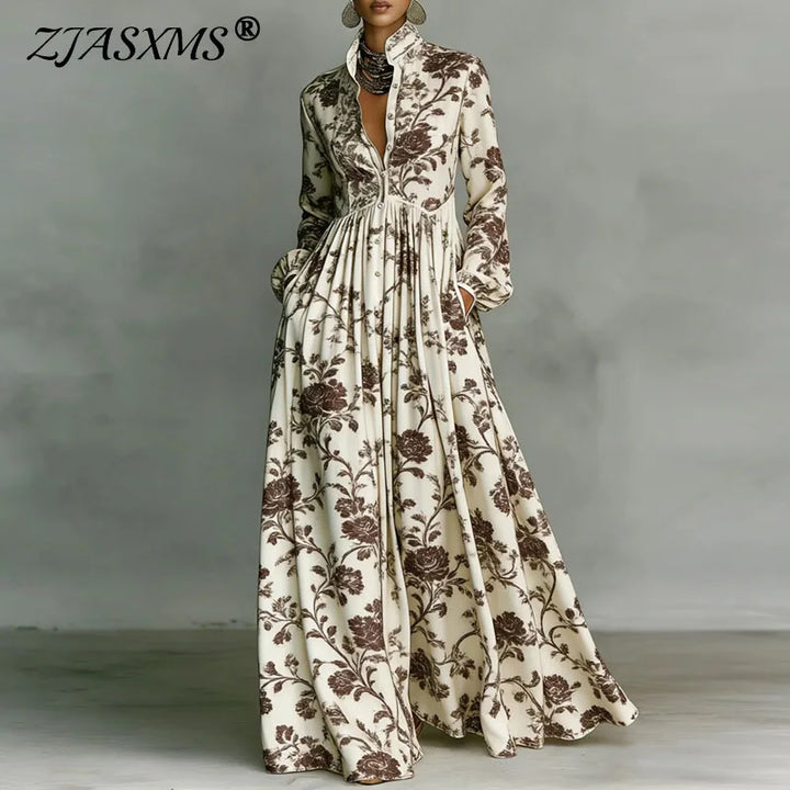 Brown Printed Shirt-Collar Maxi Dress floral print alternate