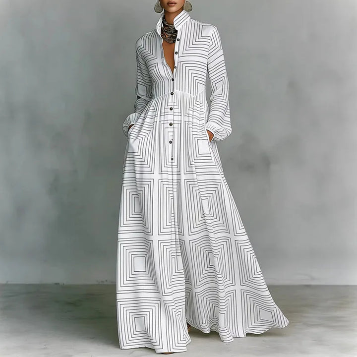 White Printed Shirt-Collar Maxi Dress geometric print worn