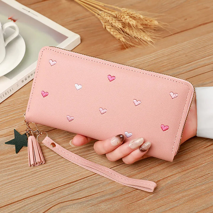 Heart-Embossed Long Wallet Clutch