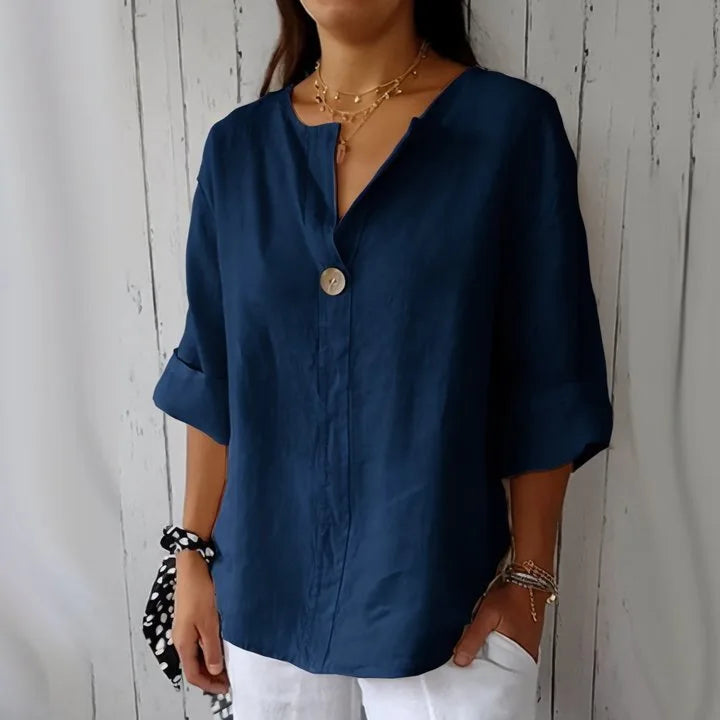 Navy Cotton Linen Blouse front view