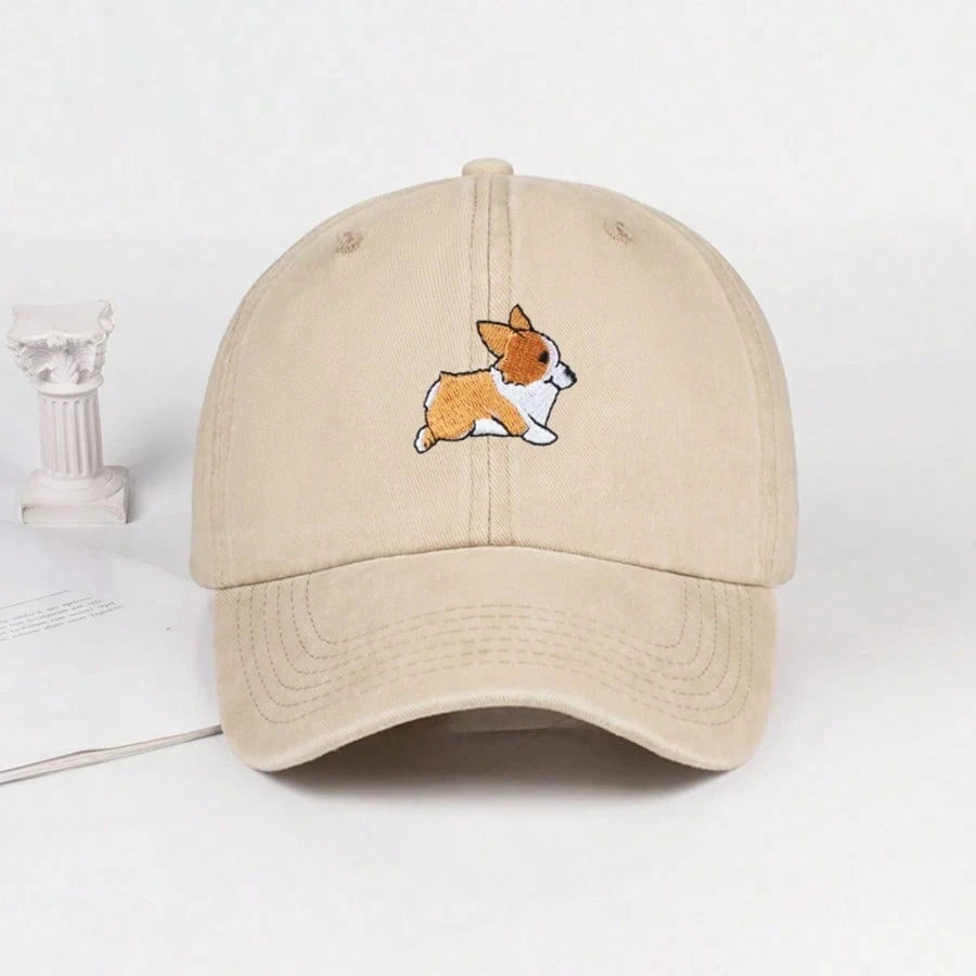 Khaki Corgi Embroidered Cotton Dad Cap front view