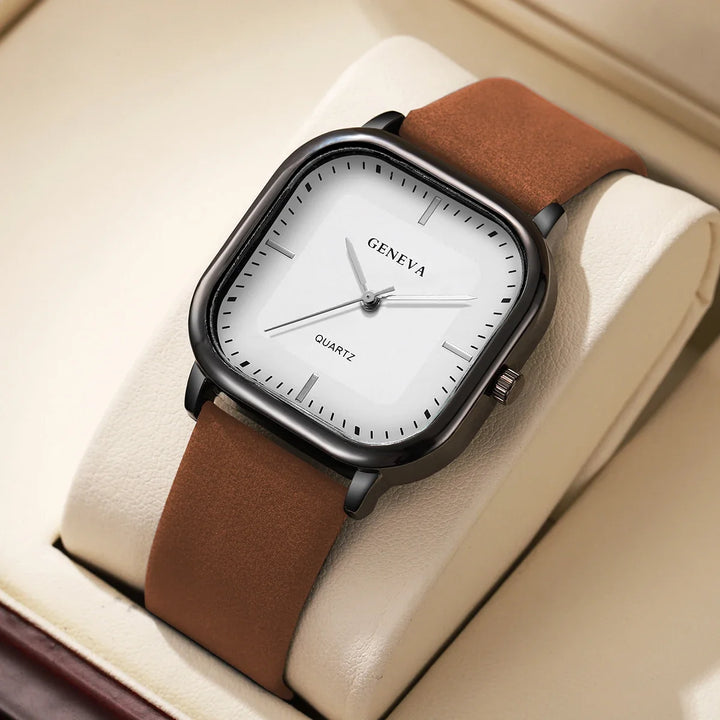 Black Square Dial Alloy Leather Watch