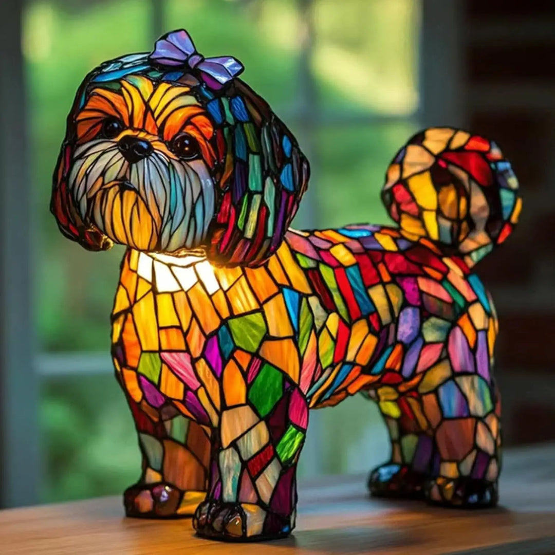 Charming Stained Glass Dog Table Lamp: Artistic Colorful Pet Design Lighting