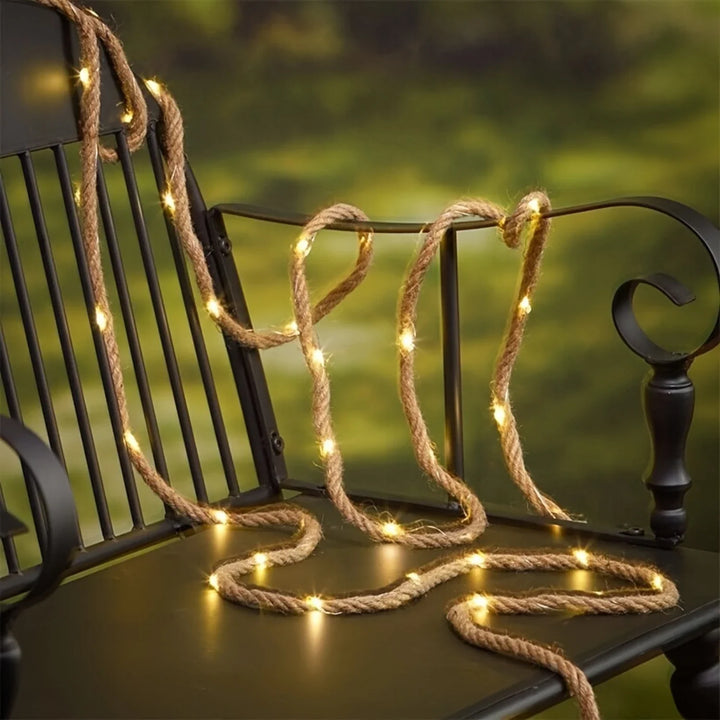Solar Hemp Rope Lights draped on patio railing