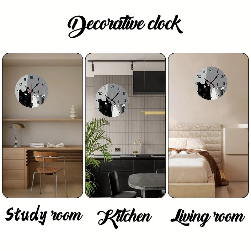 Round Wooden Cat Motif Wall Clock in office