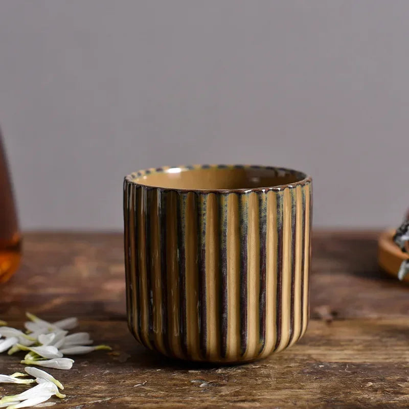 Seaweed Green Ribbed Glazed Porcelain Mugs – Detail View