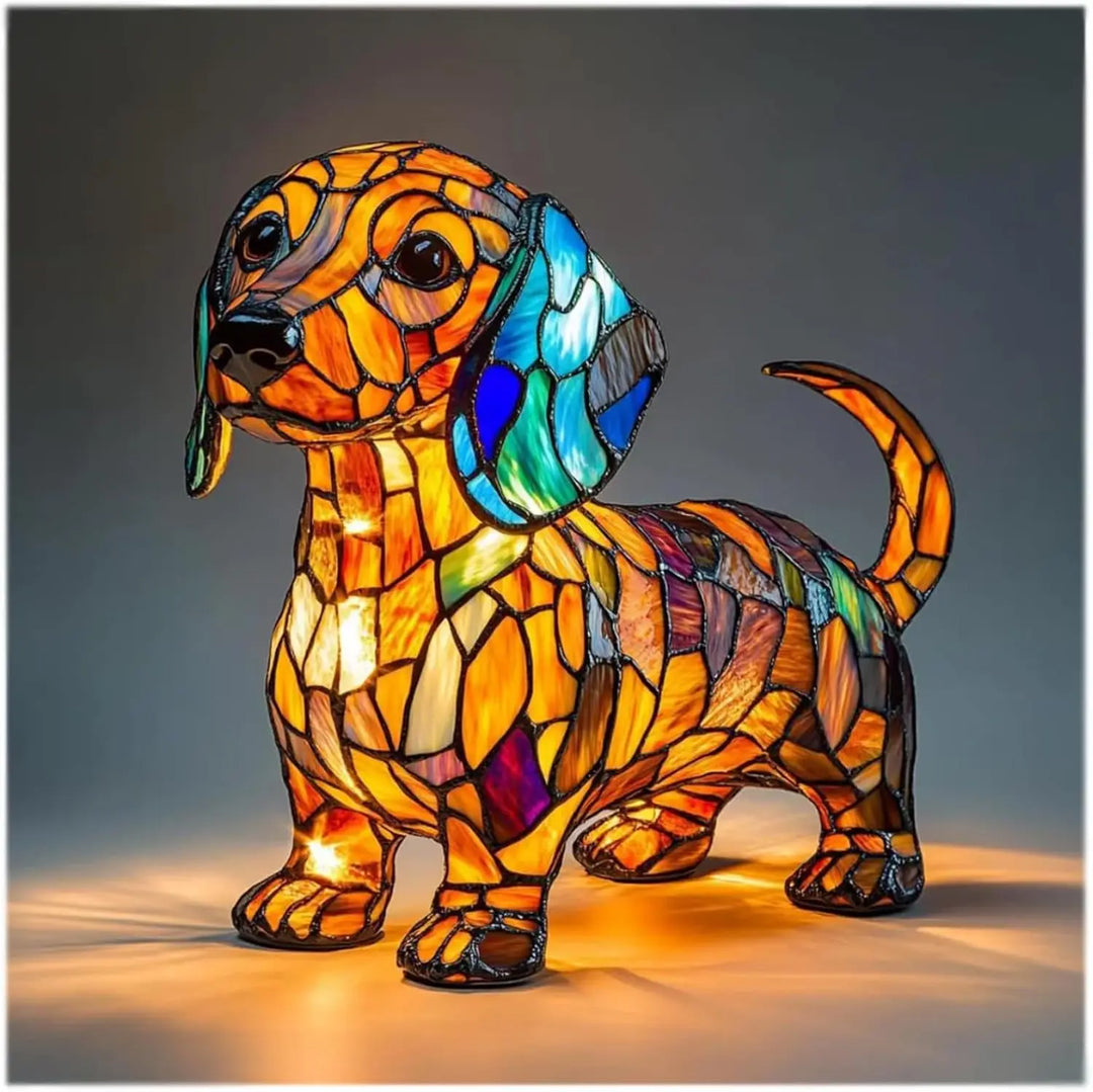 Charming Stained Glass Dog Table Lamp: Artistic Colorful Pet Design Lighting