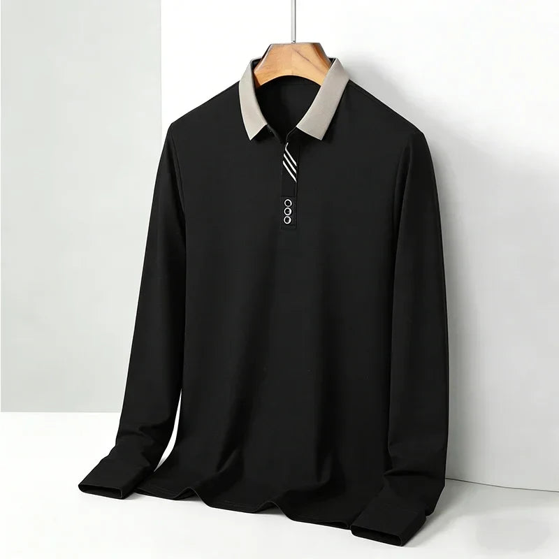 Knit Long-Sleeve Polo with Contrast Collar