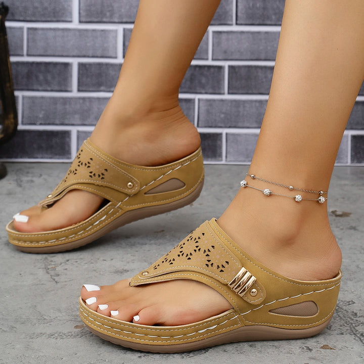 Camel Perforated Wedge Sandals side view