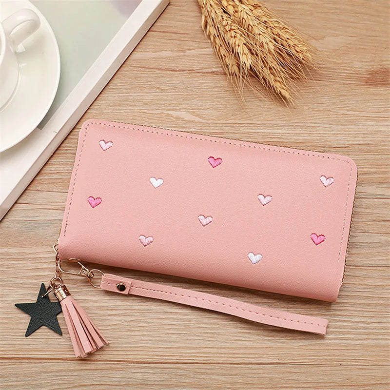 Heart-Embossed Long Wallet Clutch