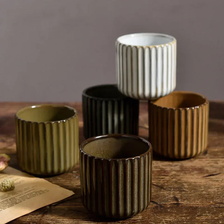 Seaweed Green Ribbed Glazed Porcelain Mugs – Lifestyle View