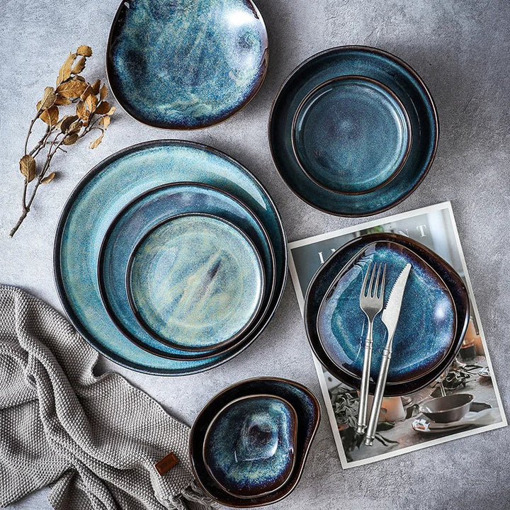 Turquoise Kiln-Glazed Porcelain Dinnerware Set plates stacked