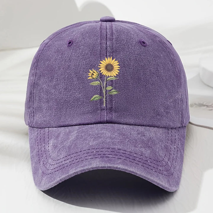 Purple Sunflower Embroidered Cotton Dad Cap front view