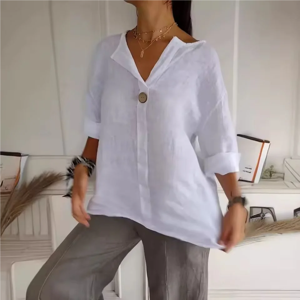 White Cotton Linen Blouse V-neck detail