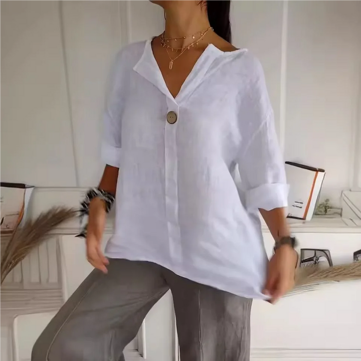 White Cotton Linen Blouse V-neck detail