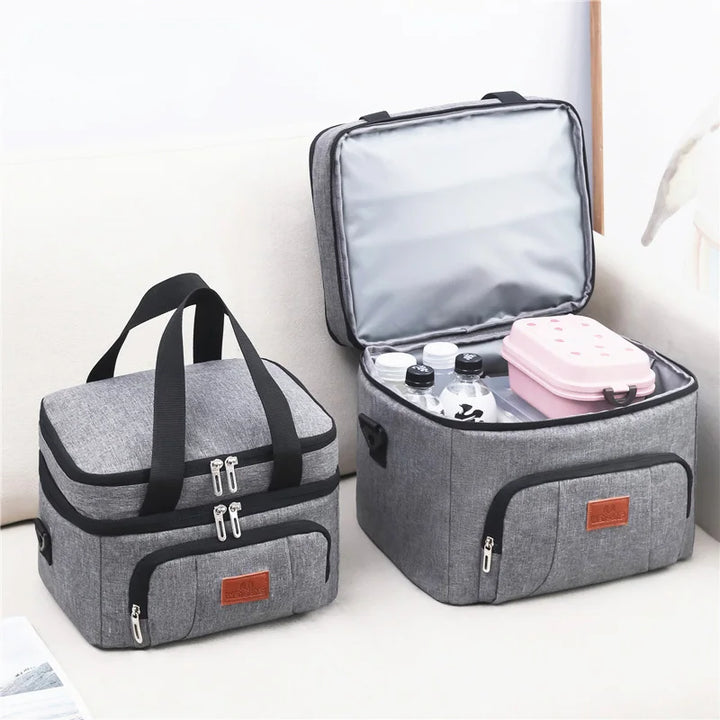Two-Tier Insulated Cooler Tote interior with lunch box and bottles