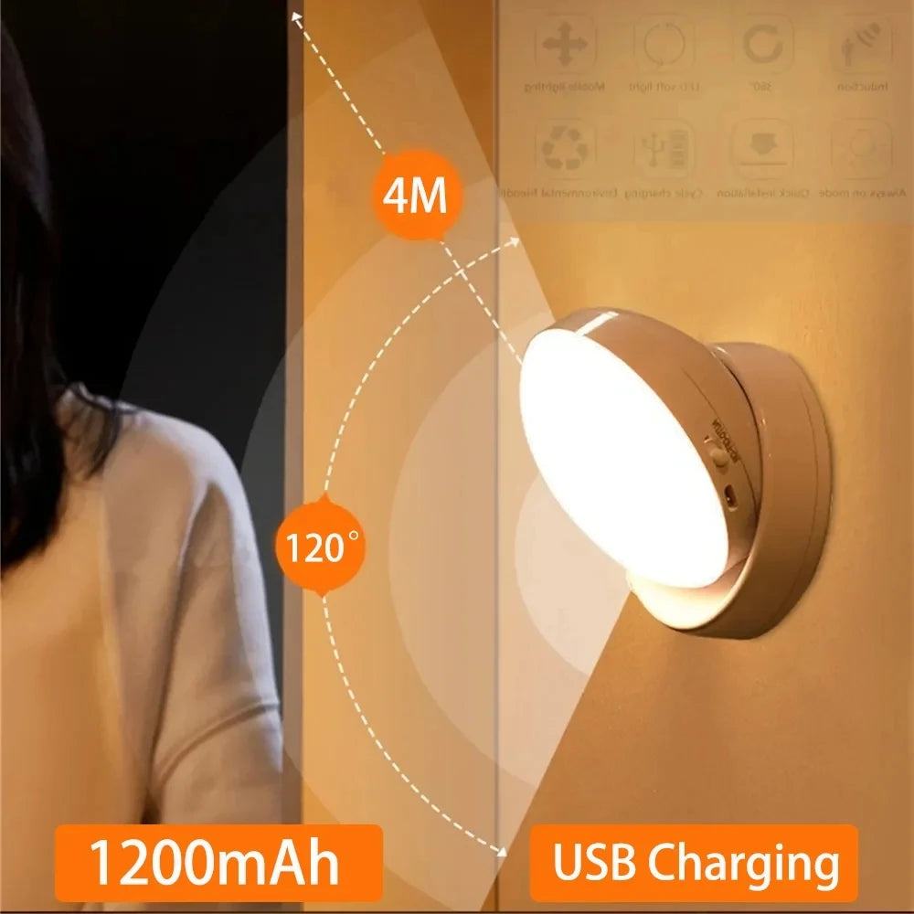 USB Motion Sensor Rechargeable LED Night Light, Round, Energy-Saving, for Bedroom, Bathroom
