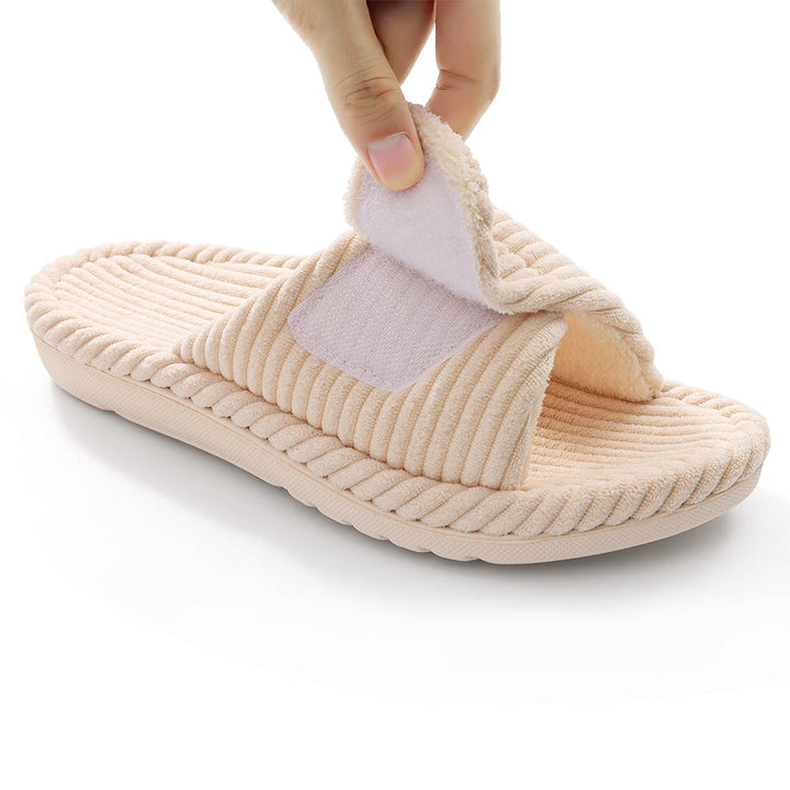 Purple Ribbed Plush Slide Slippers worn lifestyle
