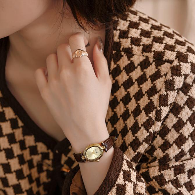 Brown Gold-Tone Steel Leather Watch