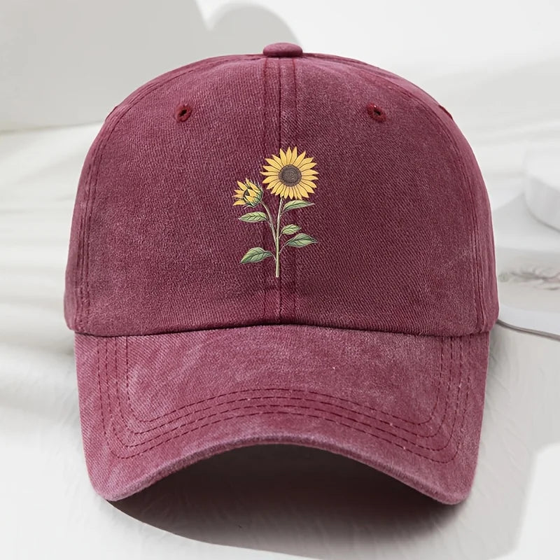Burgundy Sunflower Embroidered Cotton Dad Cap front view