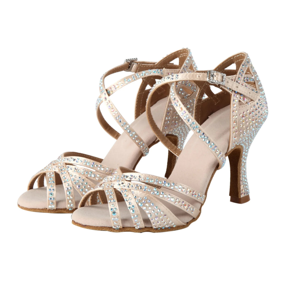 Latin ballroom dance sandals with open-toe design and 7.5cm heel for women