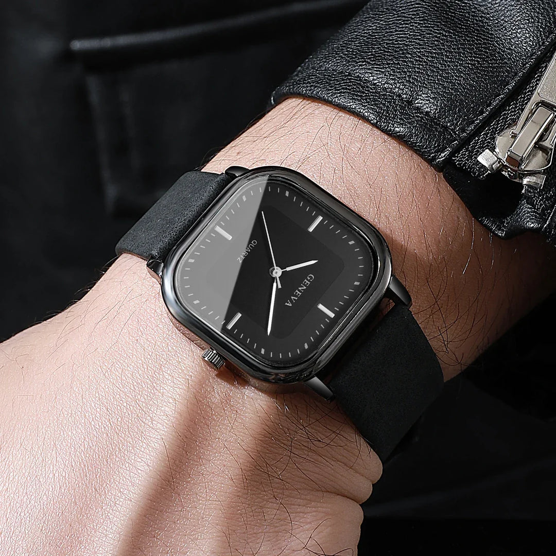 Blue Square Dial Alloy Leather Watch