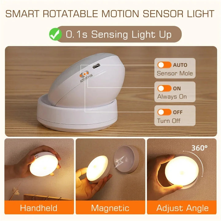 USB Motion Sensor Rechargeable LED Night Light, Round, Energy-Saving, for Bedroom, Bathroom