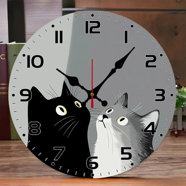 Round Wooden Cat Motif Wall Clock front view