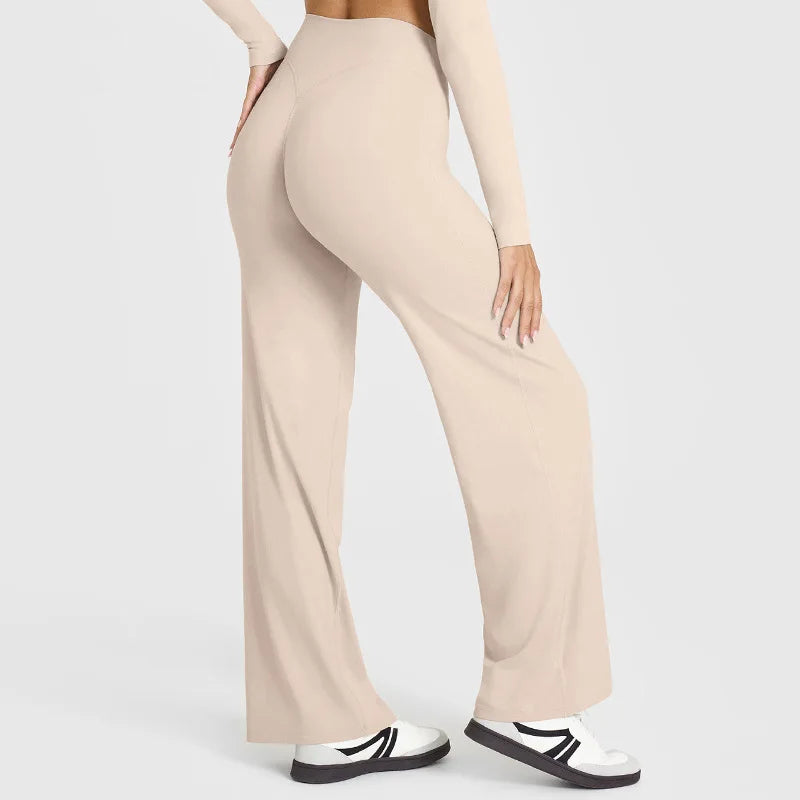 Cream High-Waisted Flare Leggings back view