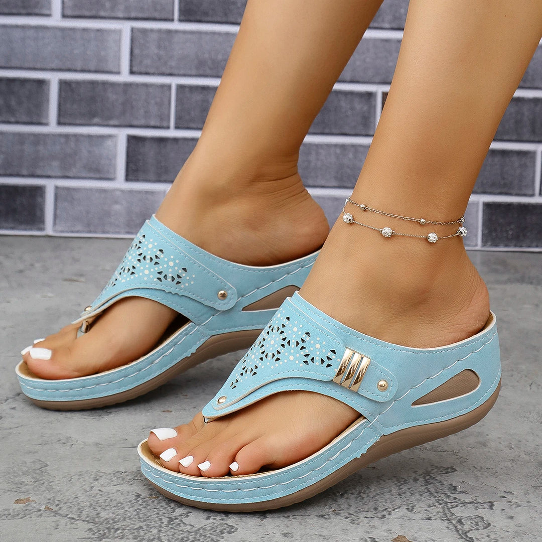 Sky Blue Perforated Wedge Sandals side view