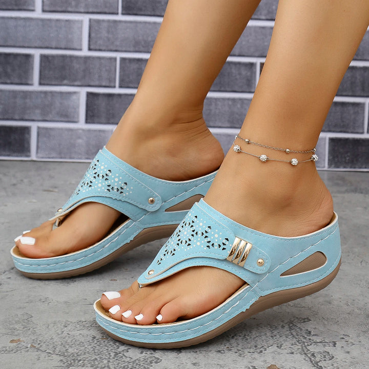 Sky Blue Perforated Wedge Sandals side view