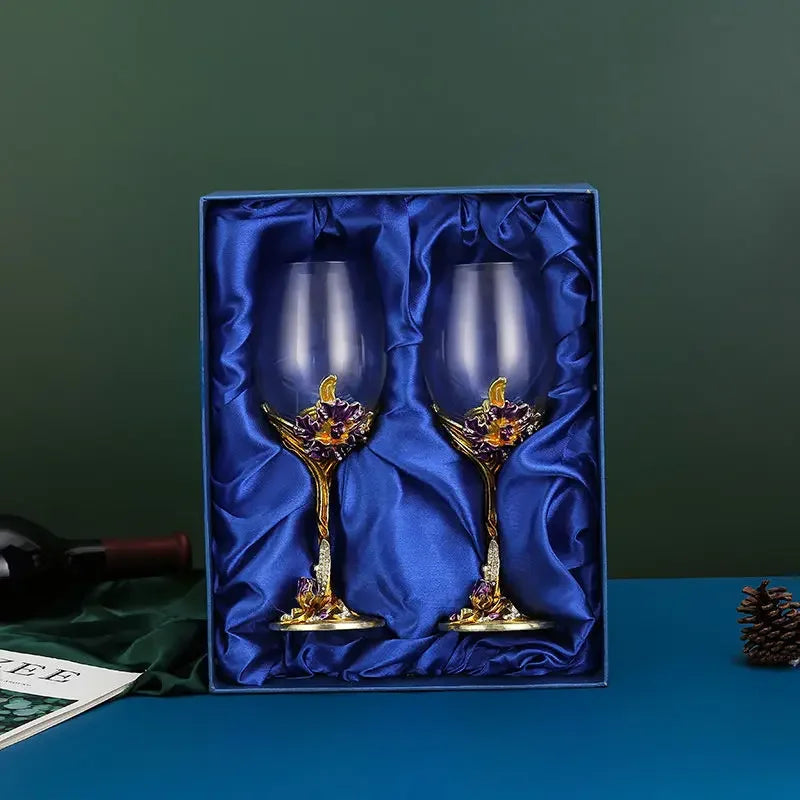 Elegant Enamel Iris Glass Goblet – Unique Crystalline Champagne Flute Mug
