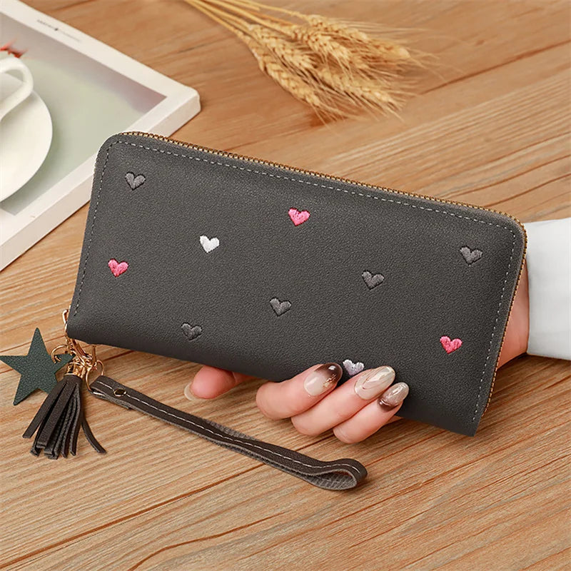 Heart-Embossed Long Wallet Clutch
