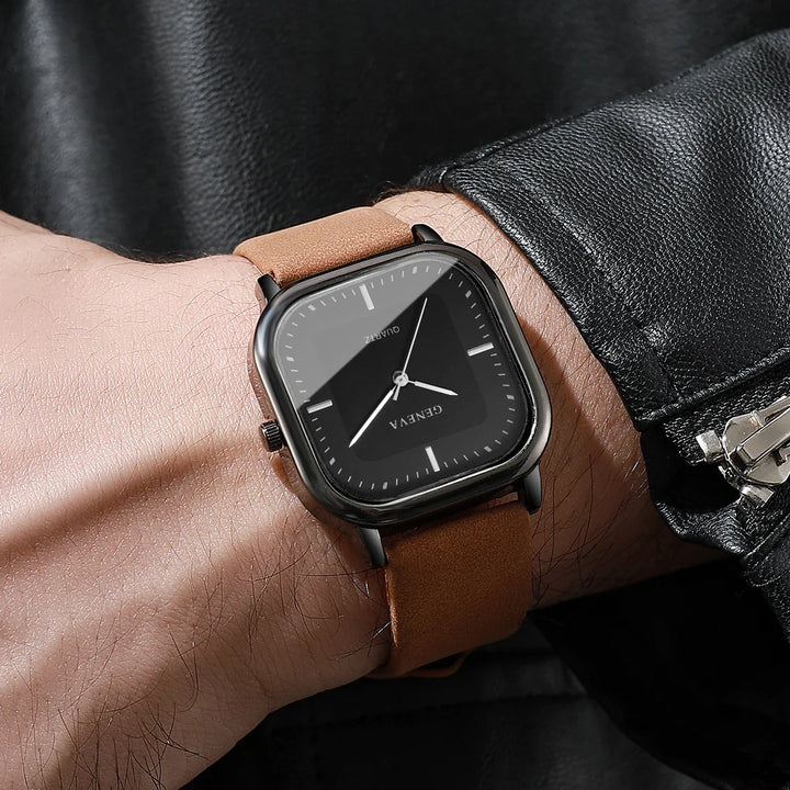 White Square Dial Alloy Leather Watch