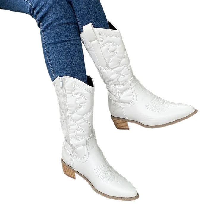 White Embroidered Cowboy Boots front view