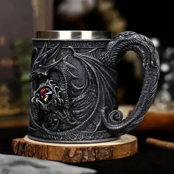 Impressive Dragon Resin Stainless Steel Beer Mug Coffee Tankard 600ml