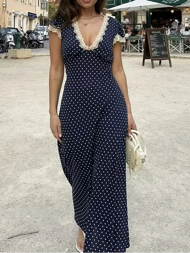 Navy Blue Polka-Dot Maxi Dress worn lifestyle