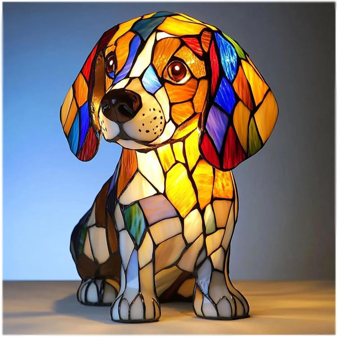 Charming Stained Glass Dog Table Lamp: Artistic Colorful Pet Design Lighting