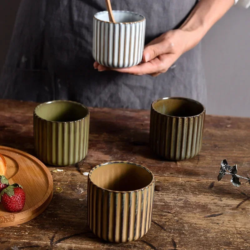 Caramel Ribbed Glazed Porcelain Mugs – Lifestyle View