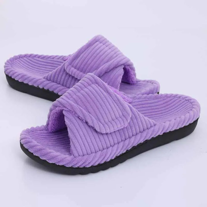 Purple Ribbed Plush Slide Slippers front view