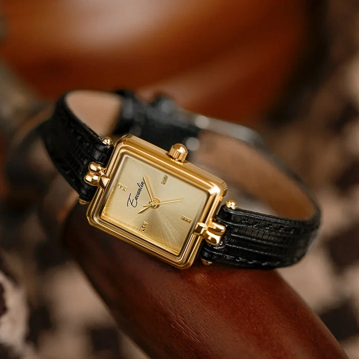 Black Gold-Tone Steel Leather Watch