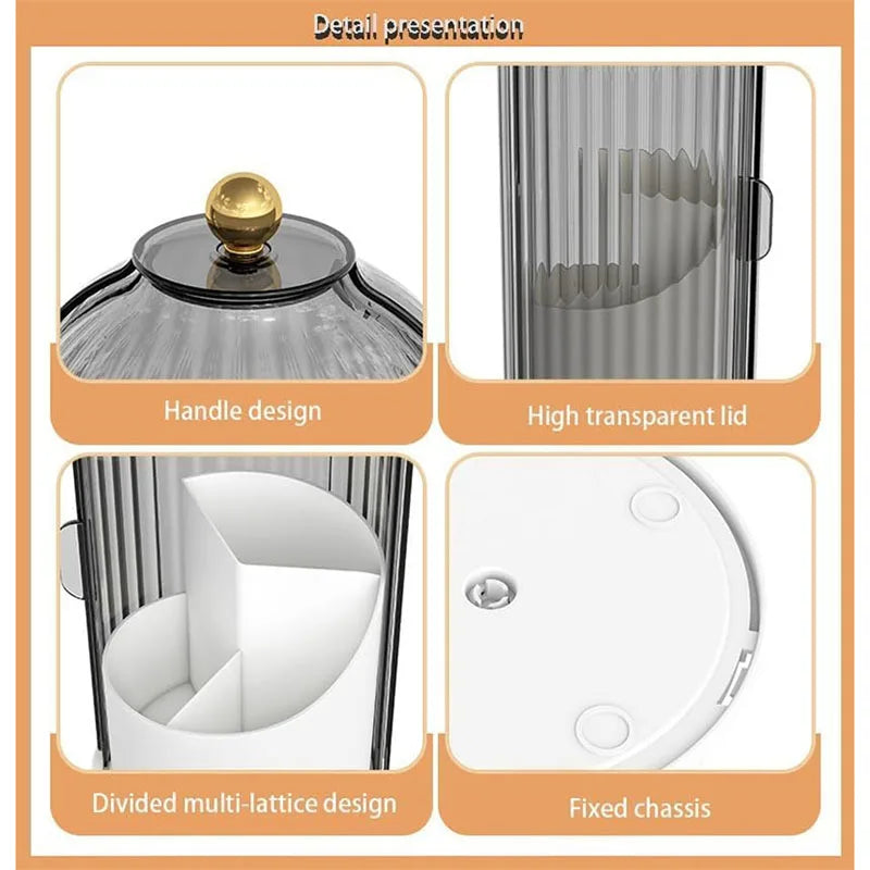 360° Rotating Dustproof Makeup Brush Holder with Lid, 3-Compartment Vanity Storage