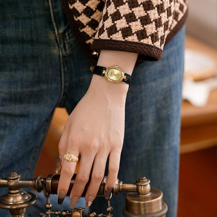 Black Gold-Tone Steel Leather Watch